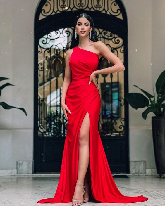 Robe de bal sirène rouge simple avec fente, robe de soirée rouge Y5714