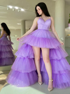 Vestidos de fiesta morados con escote en V y corte asimétrico, vestidos de graduación morados con corte asimétrico para ocasiones formales y bailes de bienvenida Y1689