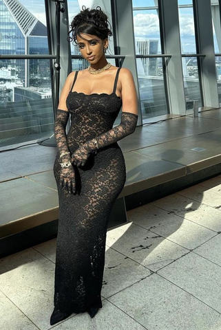 Vestido largo de noche para mujer, sexy, de encaje transparente, con tirantes finos, corte ajustado, moda de verano Y4236