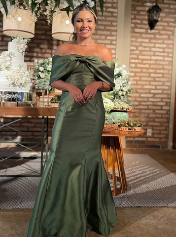 Vestido de noche sirena vintage verde con lazo y hombros descubiertos, de satén, para baile de graduación Y8269