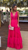 Robe de soirée élégante rose fuchsia coupe trapèze, robe de cérémonie rose fuchsia Y5337