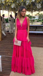 Robe de soirée élégante rose fuchsia coupe trapèze, robe de cérémonie rose fuchsia Y5337