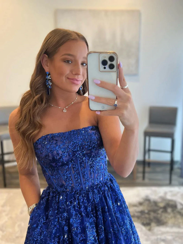 Blue A line tulle sequin long prom dress, blue tulle evening dress Y359