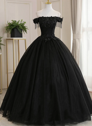 Vestido de baile de tul negro con hombros descubiertos y encaje para quinceañera, vestido largo de noche negro Y1143