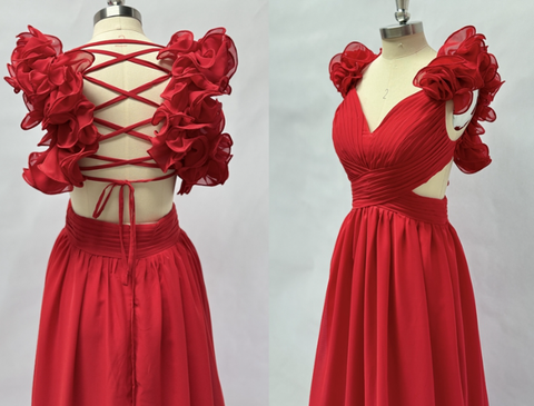 Robes de bal en mousseline de soie à volants, coupe trapèze, col en V, robes de demoiselle d'honneur longues, robes de soirée formelles dos nu Y3043