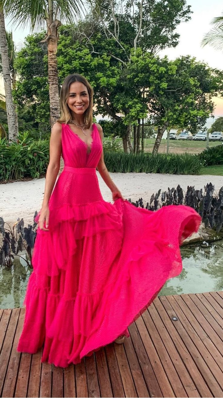 Robe de soirée élégante rose fuchsia coupe trapèze, robe de cérémonie rose fuchsia Y5337