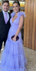 Vestido de fiesta morado de tul con escote en V y corte en A, vestido de noche morado Y2884