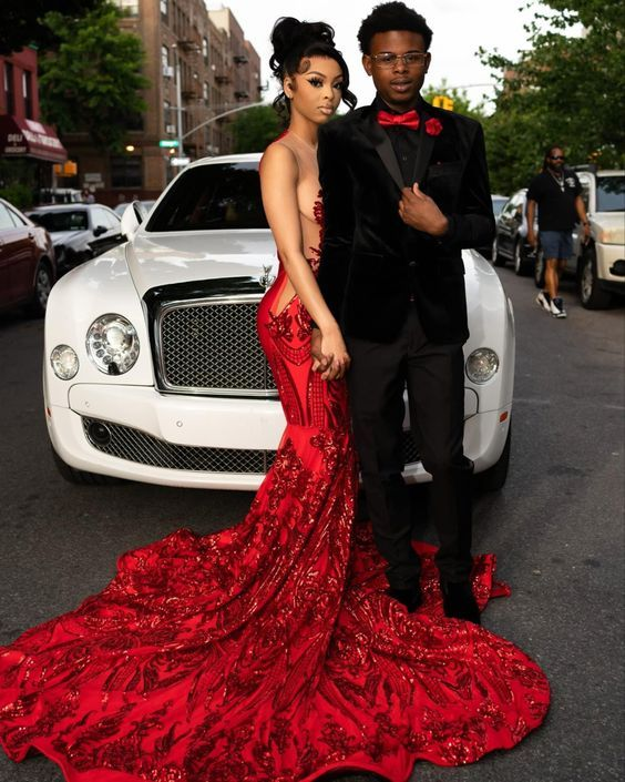 Robe de soirée sirène rouge scintillante à sequins et dentelle Y5047