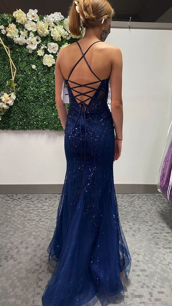 Vestido de fiesta sirena con purpurina y espalda con cordones, vestido de noche brillante Y5223