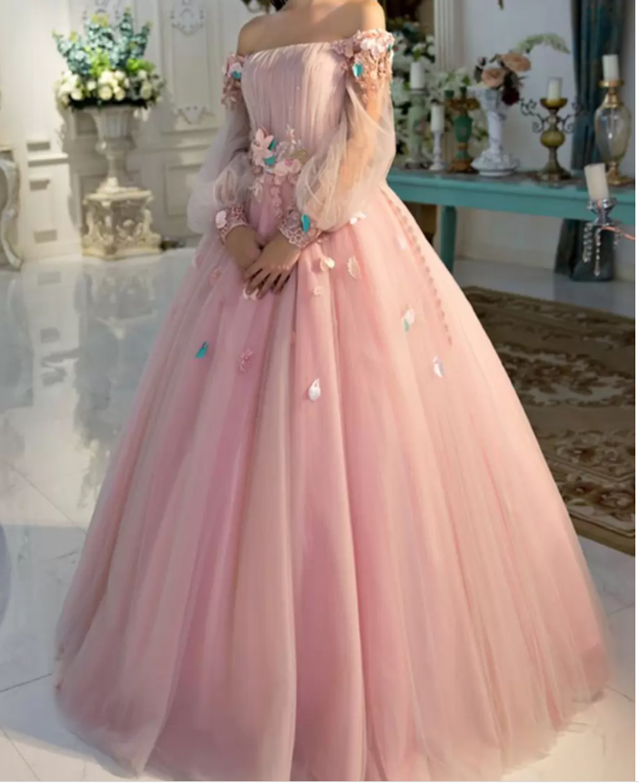 Vestidos de fiesta de manga larga, vestido de baile largo de hada floral rosa perla S24387