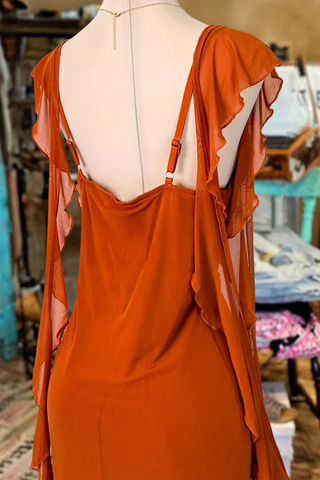 Vestido de fiesta largo de corte recto con mangas con volantes y escote cuadrado Y8091