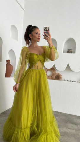 Vestido de fiesta de hada verde para adulto, vestido largo de tul con corsé Y6148