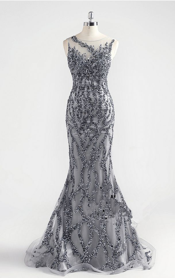 Increíble vestido de noche formal de sirena sexy con cuello redondo gris de lujo Y6670