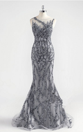 Increíble vestido de noche formal de sirena sexy con cuello redondo gris de lujo Y6670