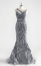 Increíble vestido de noche formal de sirena sexy con cuello redondo gris de lujo Y6670