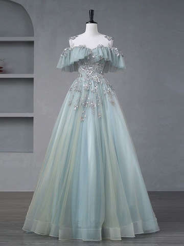 Elegant Blue Tulle Applique Evening Dress A Line Off The Shoulder Prom Dress Y8372
