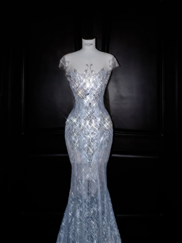 Beautiful Mermaid Sequin Beaded Evening Dress Blue Tulle Prom Dress Y8690