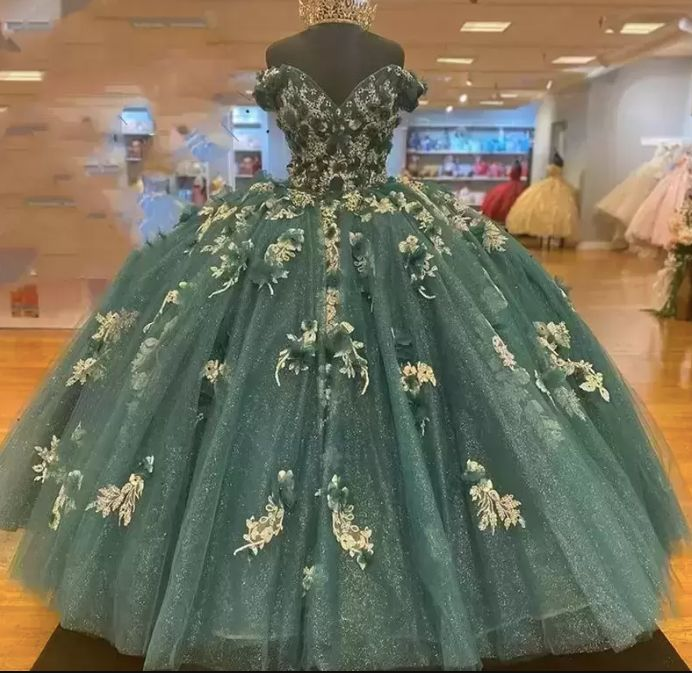 Vestido de quinceañera verde oscuro con hombros descubiertos, estilo princesa, para concurso de belleza, con flores Y4432