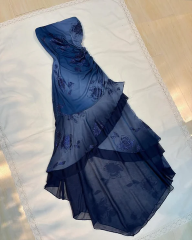 Vestido de noche de sirena azul marino sin tirantes y con volantes, modelo Y7811