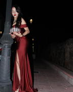 Elegant Burgundy Off The Slit Mermaid Evening Dress Formal Prom Dress Y8414