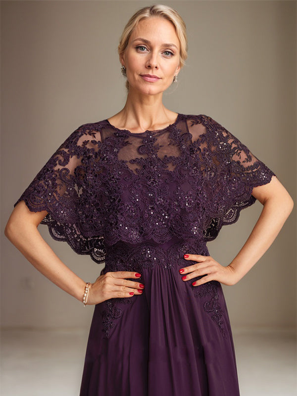 Robe de mère de la mariée en mousseline de soie dentelle, coupe trapèze, col bateau, longueur au sol, ornée d'appliqués de sequins 