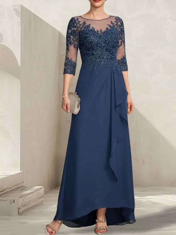 Vestido de madrina de la novia, corte asimétrico, escote ilusión, encaje y gasa, con lentejuelas y volantes en cascada.