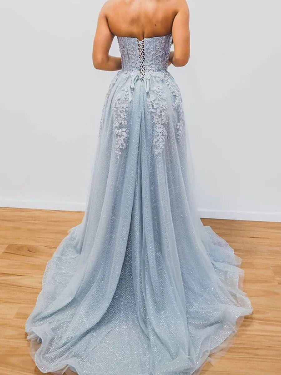 Vestido de noche corte A, brillante y reluciente, vestido formal con cola de corte, sin mangas, escote corazón, tul con apliques de abertura y cuentas