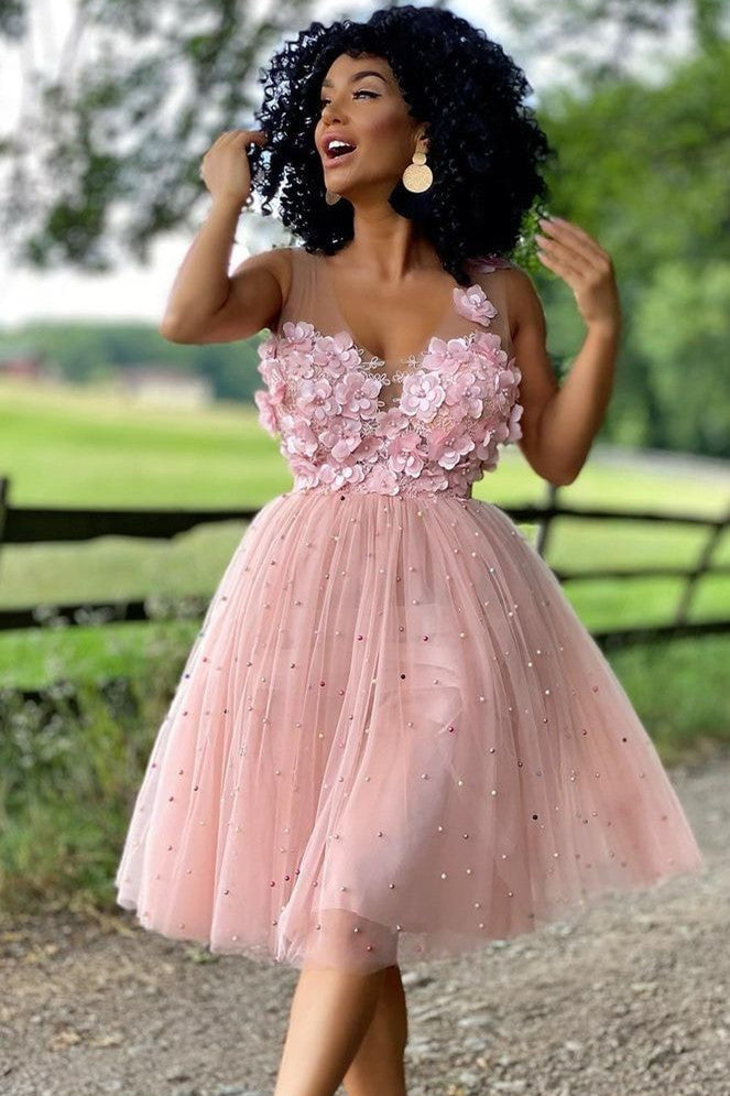 Vestido de fiesta de bienvenida de corte A, de tul con cuentas y flores