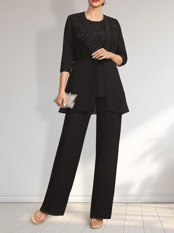 Vestido de novia de gasa con encaje y lentejuelas, estilo mono/traje pantalón, largo hasta el suelo, con escote redondo.