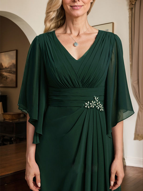 Vestido de corte recto/columna, escote en V, largo hasta el suelo, de gasa, para la madre de la novia, con lentejuelas plisadas y pedrería.