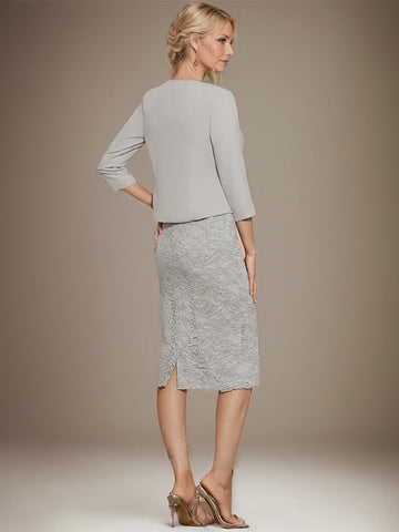 Robe fourreau/colonne en mousseline de soie et dentelle, longueur genou, ornée de perles, pour la mère de la mariée 