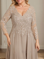 Robe de mère de la mariée en mousseline de dentelle, coupe trapèze, col en V, longueur au sol, ornée de sequins 