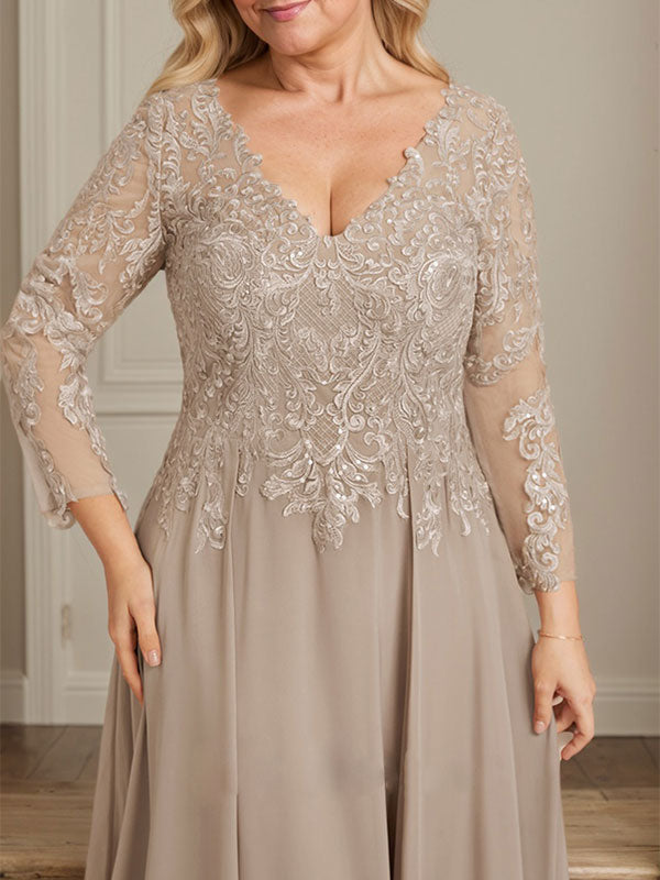 Robe de mère de la mariée en mousseline de dentelle, coupe trapèze, col en V, longueur au sol, ornée de sequins 
