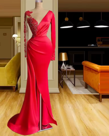 Long Red Satin Evening Dresses Sheer Neckline Long Sleeve Beaded African High Slit Women Formal Prom Dress S24678