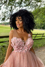 Vestido de fiesta de bienvenida de corte A, de tul con cuentas y flores