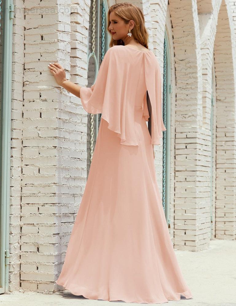 Vestido de dama de honor Sunderly para mujer, manga larga, cuello en V, de gasa, vestido formal de fiesta de boda SY28018