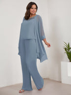 Tailleur-pantalon en mousseline à manches longues et col rond pour la mère de la mariée, avec veste 
