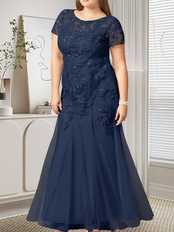 Robe sirène bleu marine foncé à sequins et tulle, décolleté rond, robe en tulle bleu marine foncé