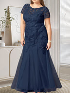 Robe sirène bleu marine foncé à sequins et tulle, décolleté rond, robe en tulle bleu marine foncé