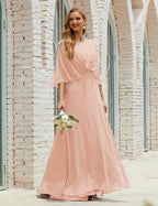 Vestido de dama de honor Sunderly para mujer, manga larga, cuello en V, de gasa, vestido formal de fiesta de boda SY28018