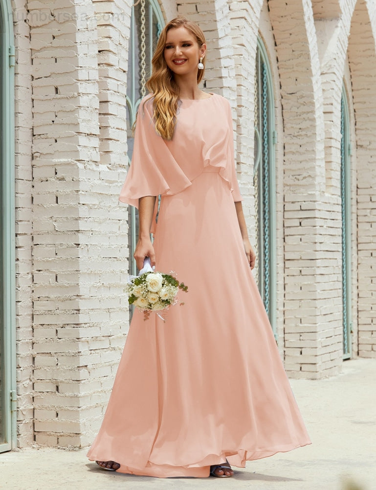 Vestido de dama de honor Sunderly para mujer, manga larga, cuello en V, de gasa, vestido formal de fiesta de boda SY28018
