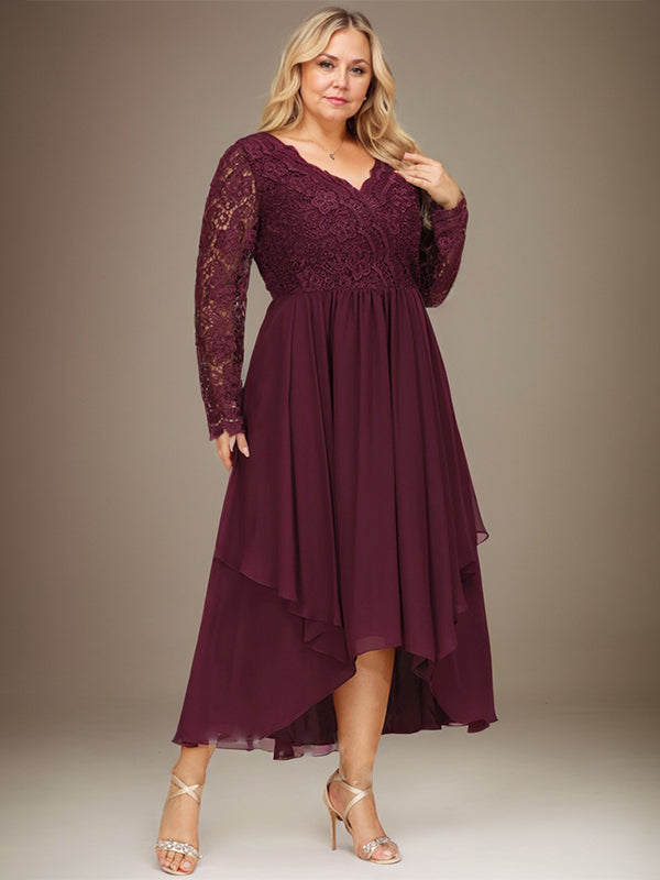 Vestido de novia de gasa con encaje asimétrico, escote en V y corte en A para la madre de la novia 