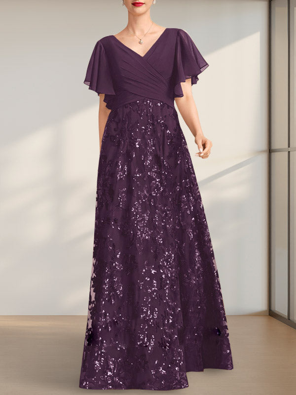 Vestido de novia de corte A, escote en V, largo hasta el suelo, de encaje, lentejuelas y gasa, con pliegues.
