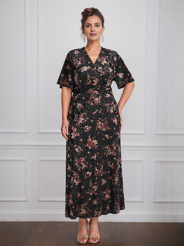 Robe vintage unie en velours, col V, manches courtes, longueur thé, idéale pour la mère de la mariée, avec fente. 