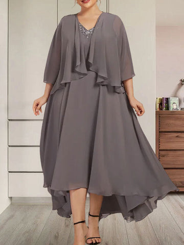 Vestido de corte A, escote en V, asimétrico, de gasa, para la madre de la novia, con lentejuelas y pedrería.