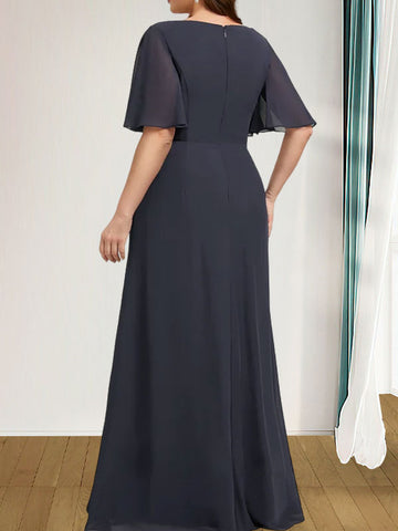A-line Scoop Floor-Length Chiffon Mother of the Bride Dress With Cascading Ruffles Beading Sequins