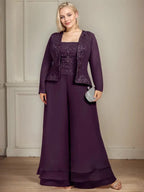 Conjunto de pantalón y chaqueta de dos piezas, corte cuadrado, largo hasta el tobillo, encaje, gasa, vestido de madre de la novia con lentejuelas 