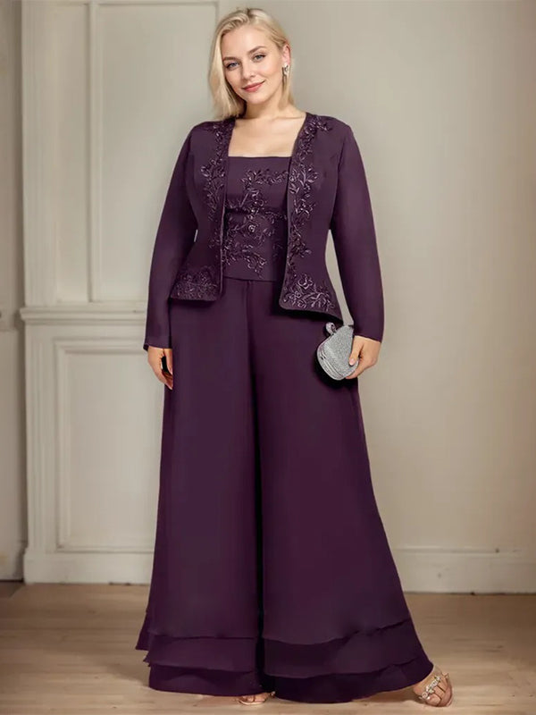 Conjunto de pantalón y chaqueta de dos piezas, corte cuadrado, largo hasta el tobillo, encaje, gasa, vestido de madre de la novia con lentejuelas 