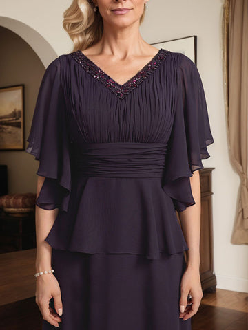 Vestido de gasa de corte A, escote en V, largo hasta el suelo, para la madre de la novia, con plisados ​​y cuentas.