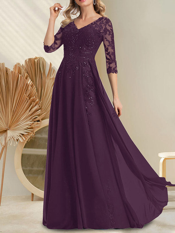 Vestido de novia de corte A, escote en V, largo hasta el suelo, de gasa de encaje con lentejuelas para la madre de la novia